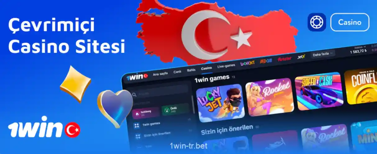 1Win casinonun ana sayfasında gibi popüler slot oyunları listelenmiş, üstte büyük promosyon afişi.